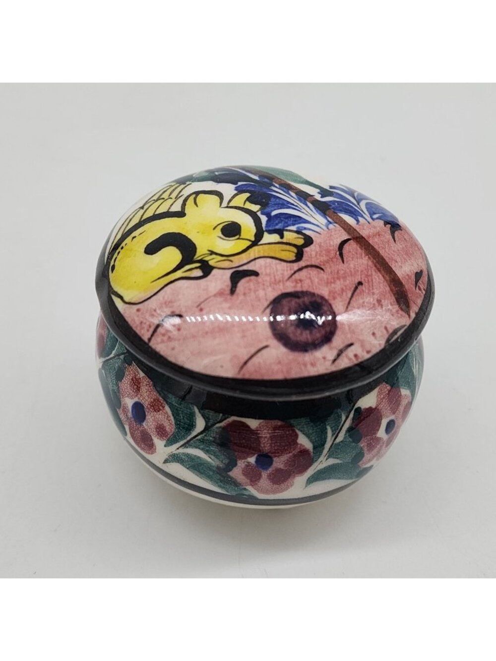Mexican Hand Painted Ceramic Trinket Box Round With Floral & Rabbit 3" Diameter